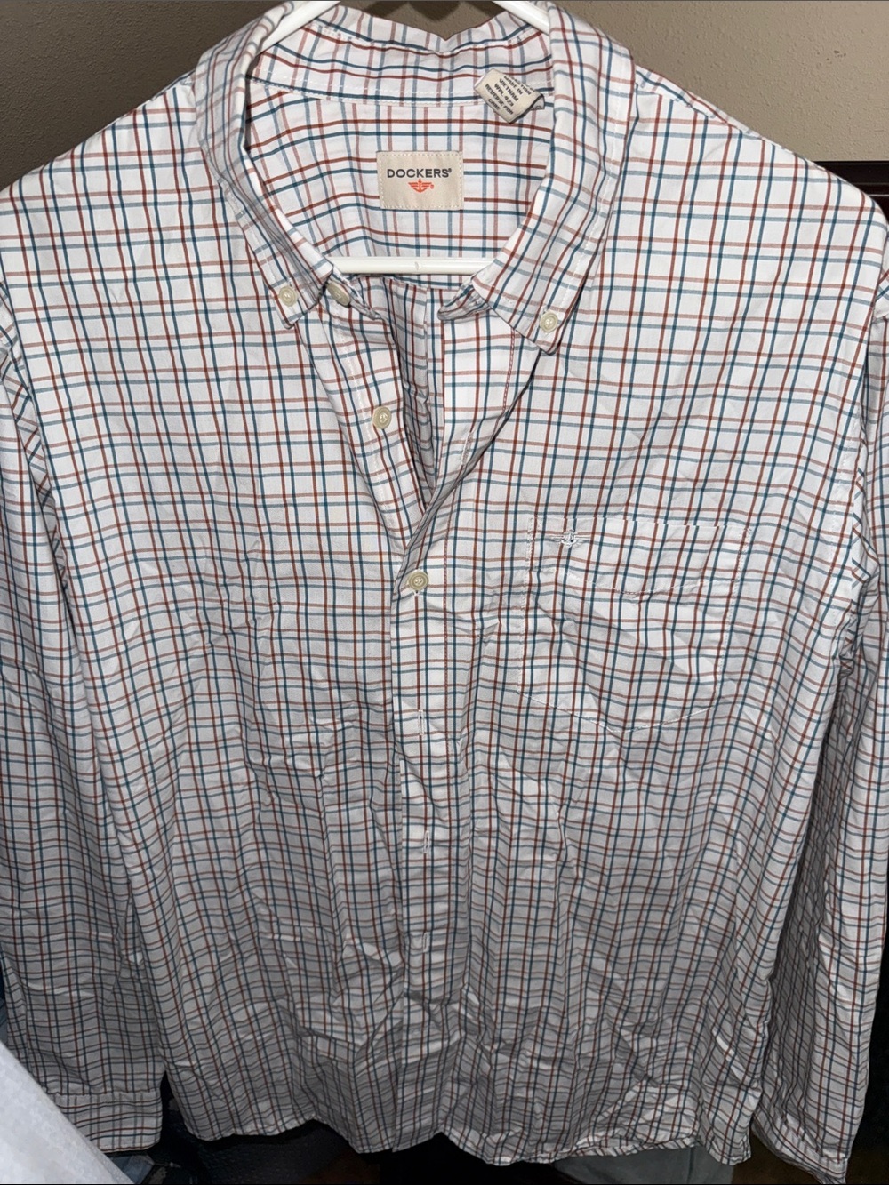 Dockers Men's White Button-Down Shirt with Blue & Red Plaid